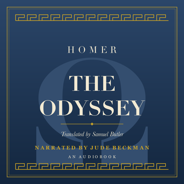 Cover of The Odyssey by Homer — navy blue with a gold Greek-key border.