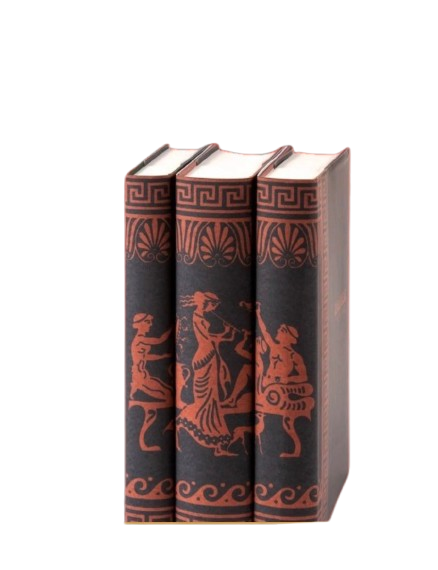 Three books bound in black-figure vase decoration, with Greek-key and palmette borders.